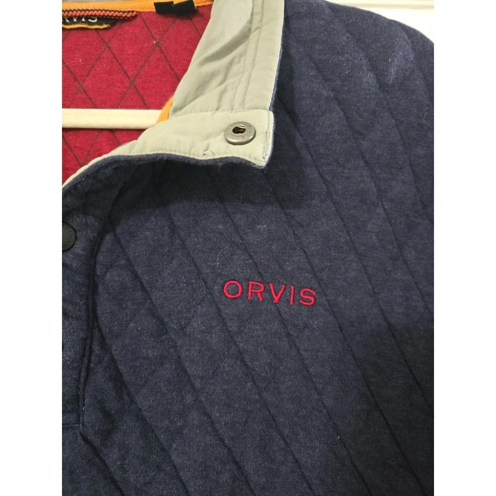 Orvis Quilted‎ Sweatshirt Mens Large Henley Snap Pullover Navy Blue